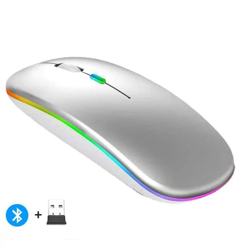 Mouse inalámbrico recargable compatible con Bluetooth y 2.4Ghz, con modo dual y receptor Nano para PC, laptop y MacBook.