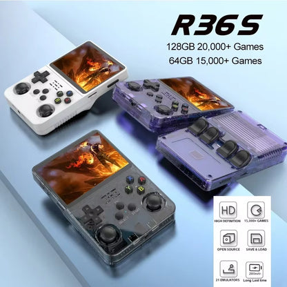 Nueva consola portátil retro R36S con sistema Linux, pantalla IPS de 3.5 pulgadas, reproductor portátil de videojuegos de bolsillo, 64GB/128GB, ideal como regalo para niños.