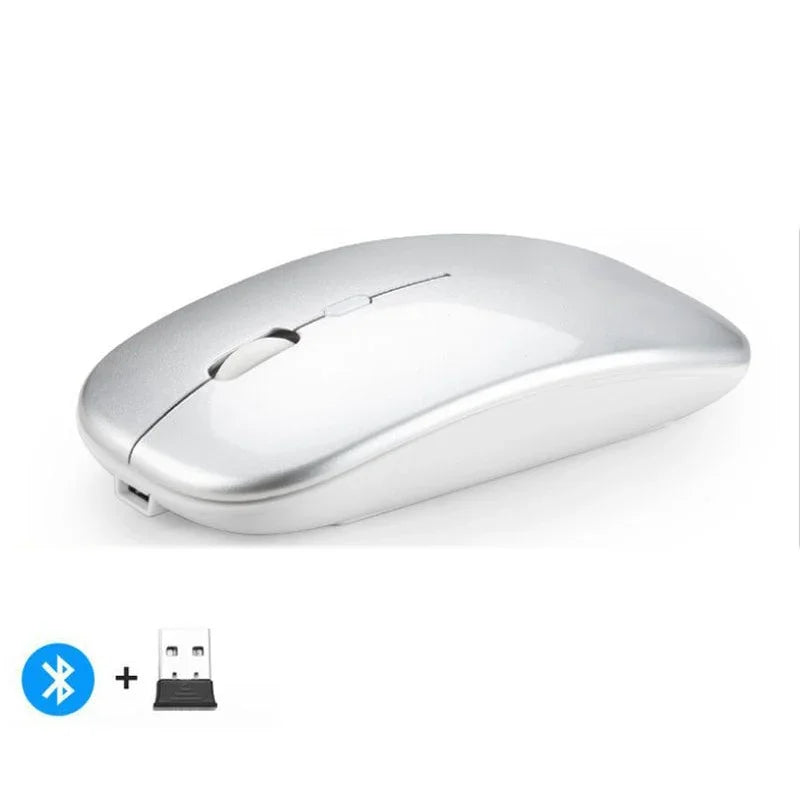 Mouse inalámbrico recargable compatible con Bluetooth y 2.4Ghz, con modo dual y receptor Nano para PC, laptop y MacBook.