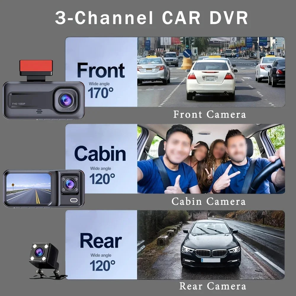Cámara Dash Cam Frontal, Trasera e Interior 1080P Full HD de 3 Cámaras, Grabadora de Video para Automóvil tipo Caja Negra con Triple Cámara.