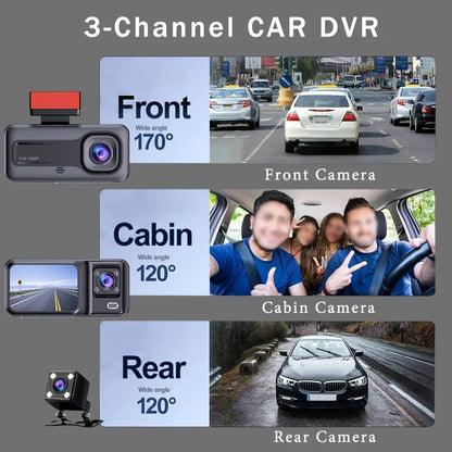 Cámara Dash Cam Frontal, Trasera e Interior 1080P Full HD de 3 Cámaras, Grabadora de Video para Automóvil tipo Caja Negra con Triple Cámara.