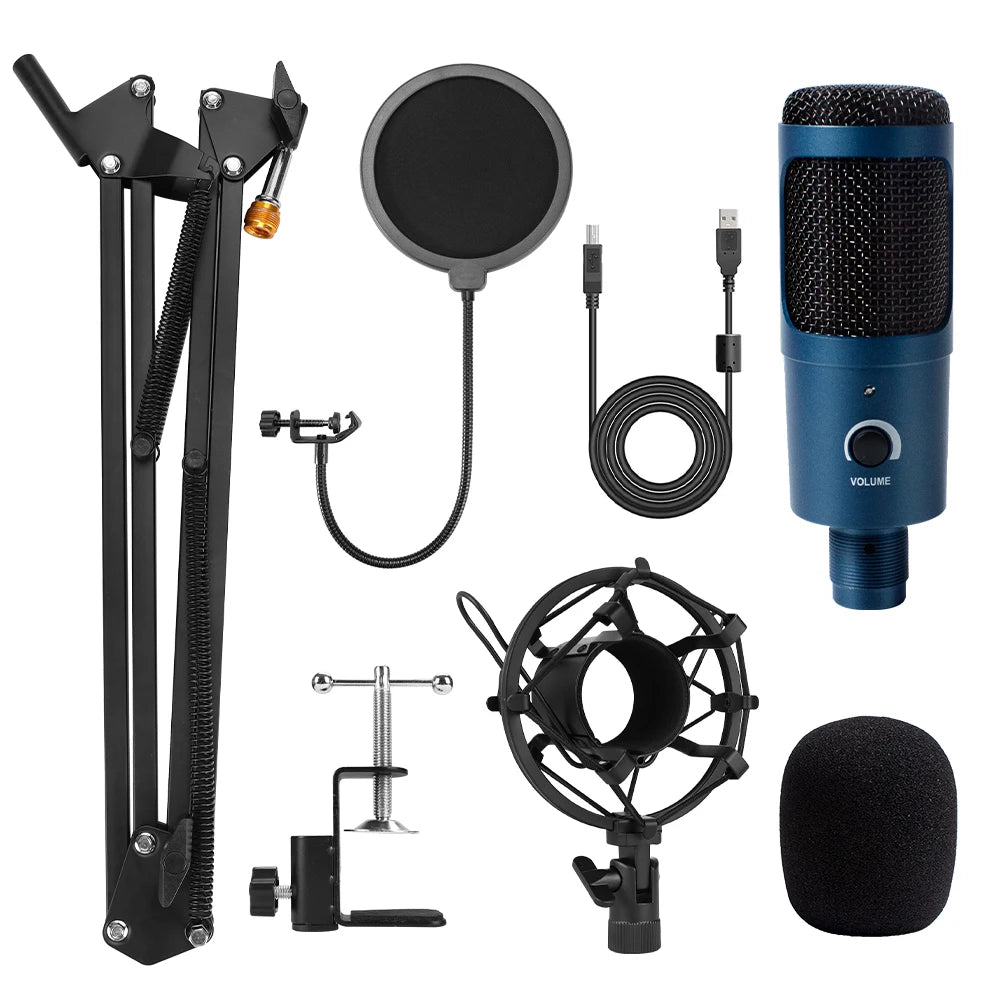 Micrófono USB metálico de condensador D80 con soporte, ideal para grabación, karaoke, estudio y uso en computadora, laptop o PC.