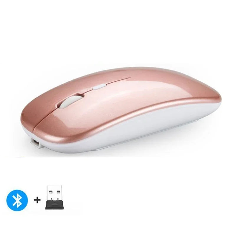 Mouse inalámbrico recargable compatible con Bluetooth y 2.4Ghz, con modo dual y receptor Nano para PC, laptop y MacBook.