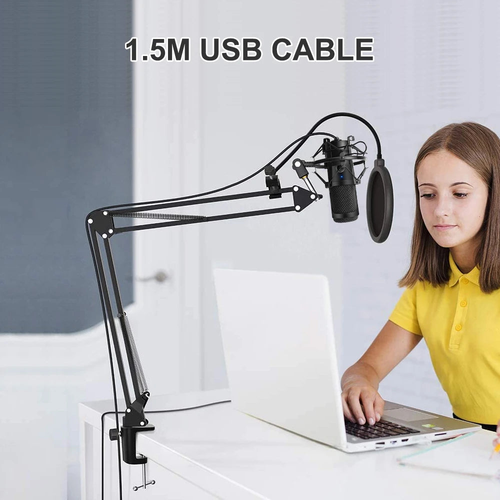 Micrófono USB metálico de condensador D80 con soporte, ideal para grabación, karaoke, estudio y uso en computadora, laptop o PC.