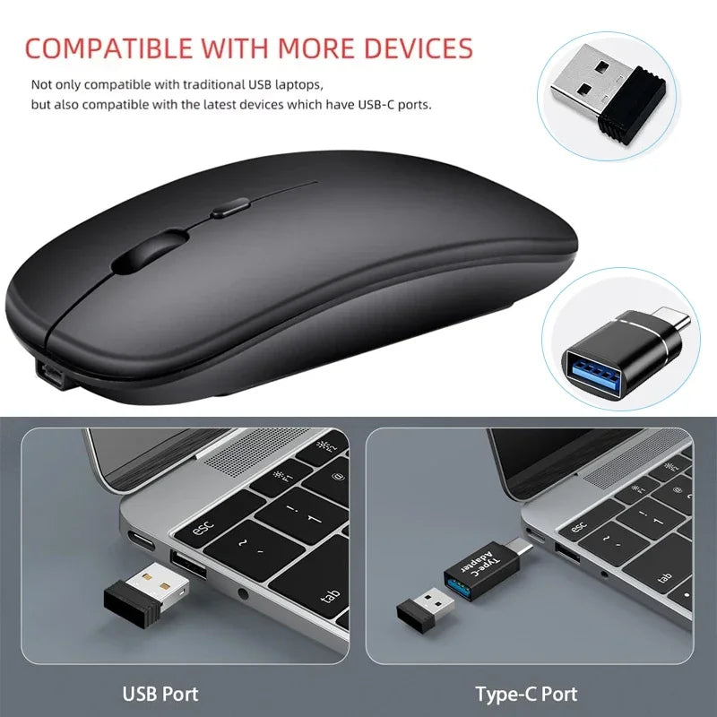 Mouse inalámbrico recargable compatible con Bluetooth y 2.4Ghz, con modo dual y receptor Nano para PC, laptop y MacBook.