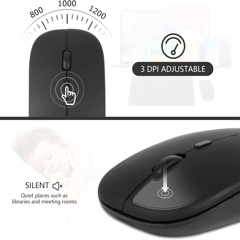 Mouse inalámbrico recargable compatible con Bluetooth y 2.4Ghz, con modo dual y receptor Nano para PC, laptop y MacBook.