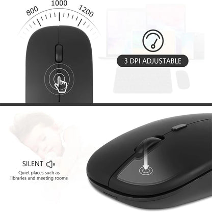 Mouse inalámbrico recargable compatible con Bluetooth y 2.4Ghz, con modo dual y receptor Nano para PC, laptop y MacBook.