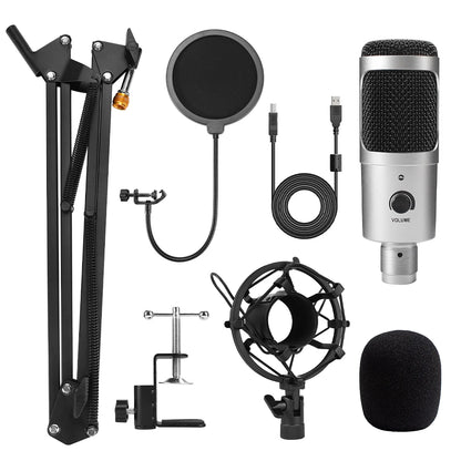 Micrófono USB metálico de condensador D80 con soporte, ideal para grabación, karaoke, estudio y uso en computadora, laptop o PC.
