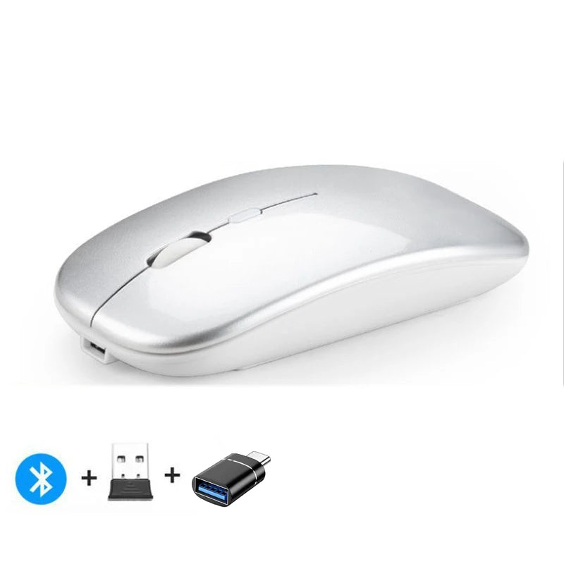 Mouse inalámbrico recargable compatible con Bluetooth y 2.4Ghz, con modo dual y receptor Nano para PC, laptop y MacBook.