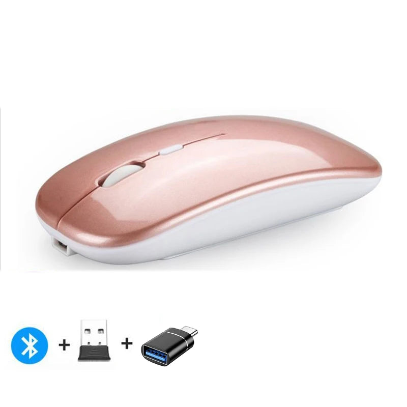 Mouse inalámbrico recargable compatible con Bluetooth y 2.4Ghz, con modo dual y receptor Nano para PC, laptop y MacBook.