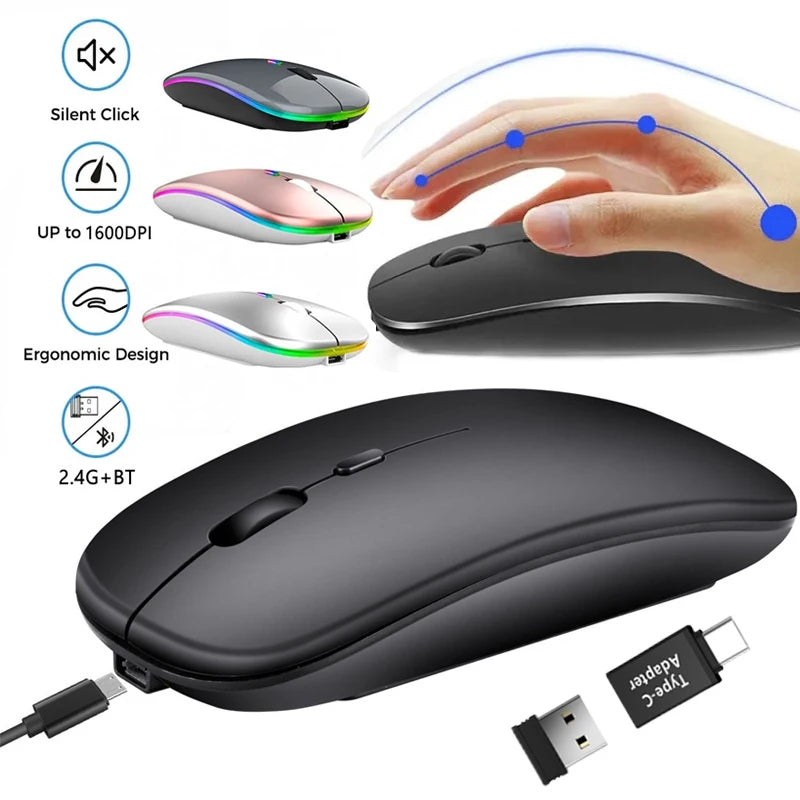 Mouse inalámbrico recargable compatible con Bluetooth y 2.4Ghz, con modo dual y receptor Nano para PC, laptop y MacBook.