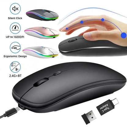 Mouse inalámbrico recargable compatible con Bluetooth y 2.4Ghz, con modo dual y receptor Nano para PC, laptop y MacBook.