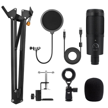 Micrófono USB metálico de condensador D80 con soporte, ideal para grabación, karaoke, estudio y uso en computadora, laptop o PC.