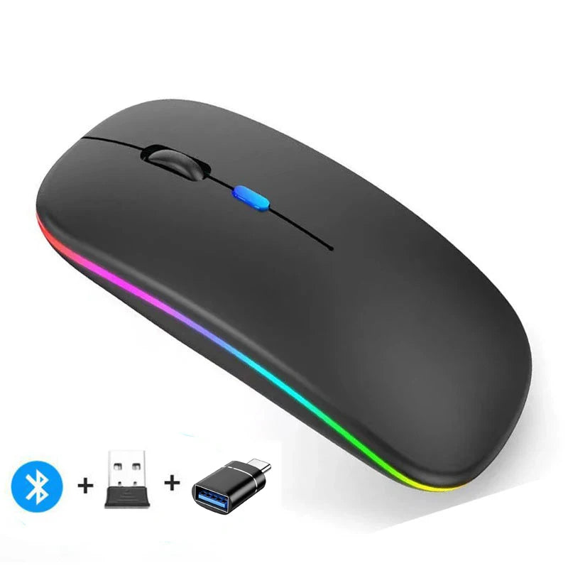 Mouse inalámbrico recargable compatible con Bluetooth y 2.4Ghz, con modo dual y receptor Nano para PC, laptop y MacBook.