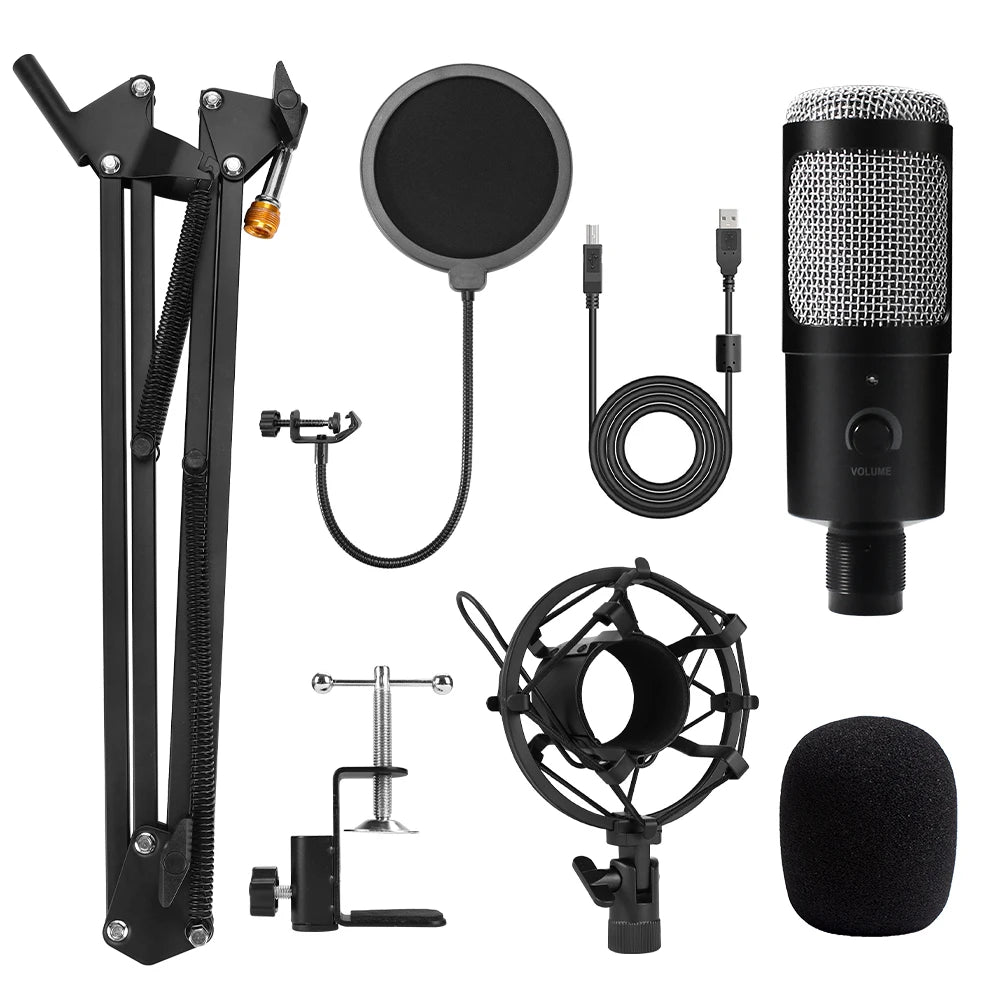 Micrófono USB metálico de condensador D80 con soporte, ideal para grabación, karaoke, estudio y uso en computadora, laptop o PC.