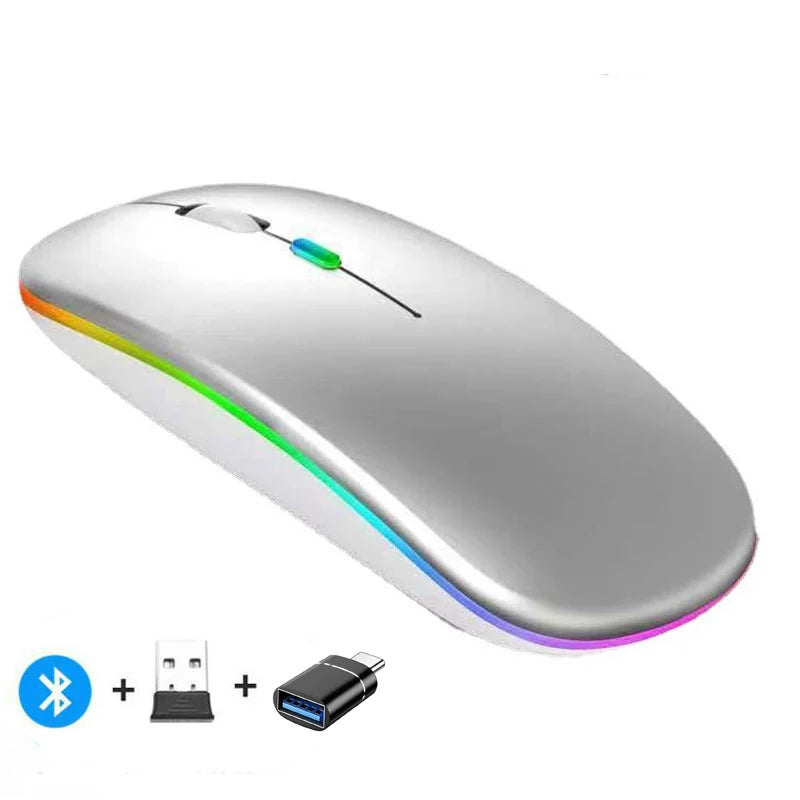 Mouse inalámbrico recargable compatible con Bluetooth y 2.4Ghz, con modo dual y receptor Nano para PC, laptop y MacBook.