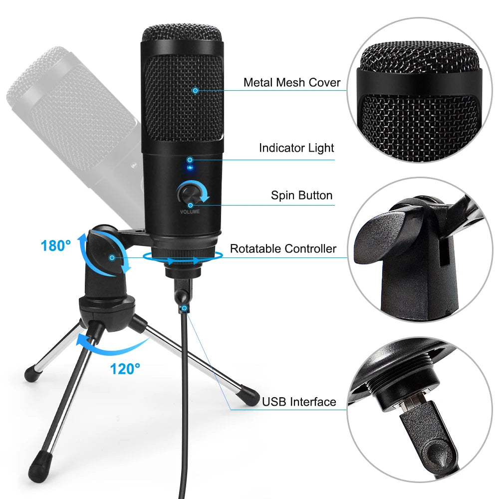 Micrófono USB metálico de condensador D80 con soporte, ideal para grabación, karaoke, estudio y uso en computadora, laptop o PC.