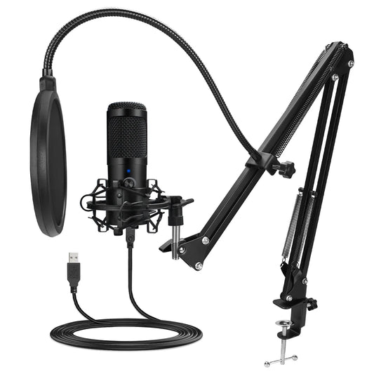 Micrófono USB metálico de condensador D80 con soporte, ideal para grabación, karaoke, estudio y uso en computadora, laptop o PC.