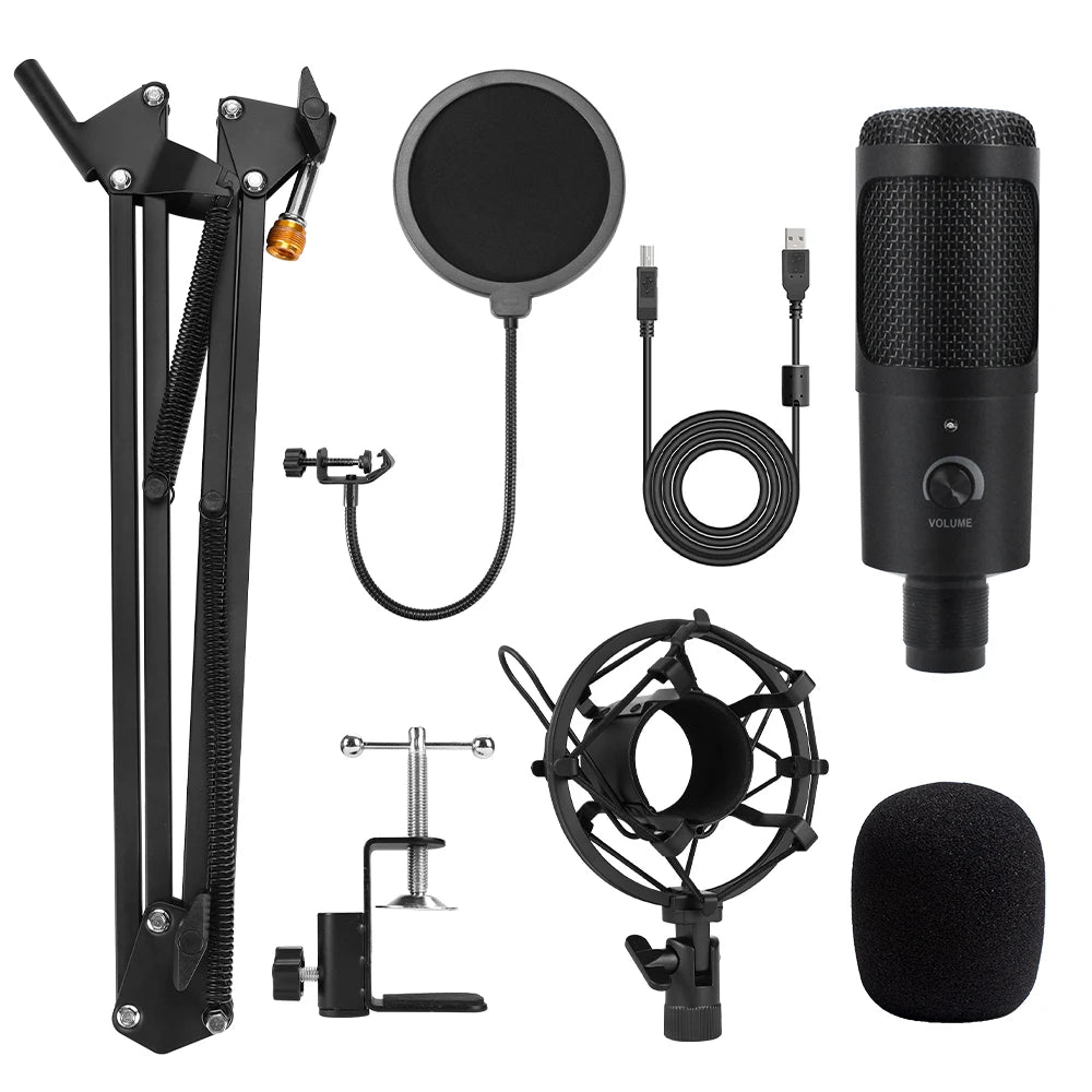 Micrófono USB metálico de condensador D80 con soporte, ideal para grabación, karaoke, estudio y uso en computadora, laptop o PC.