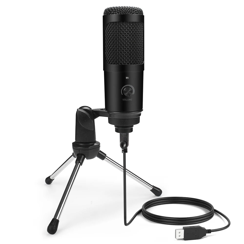 Micrófono USB metálico de condensador D80 con soporte, ideal para grabación, karaoke, estudio y uso en computadora, laptop o PC.