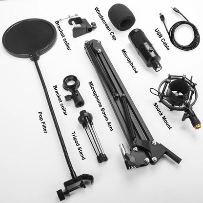 Micrófono USB metálico de condensador D80 con soporte, ideal para grabación, karaoke, estudio y uso en computadora, laptop o PC.