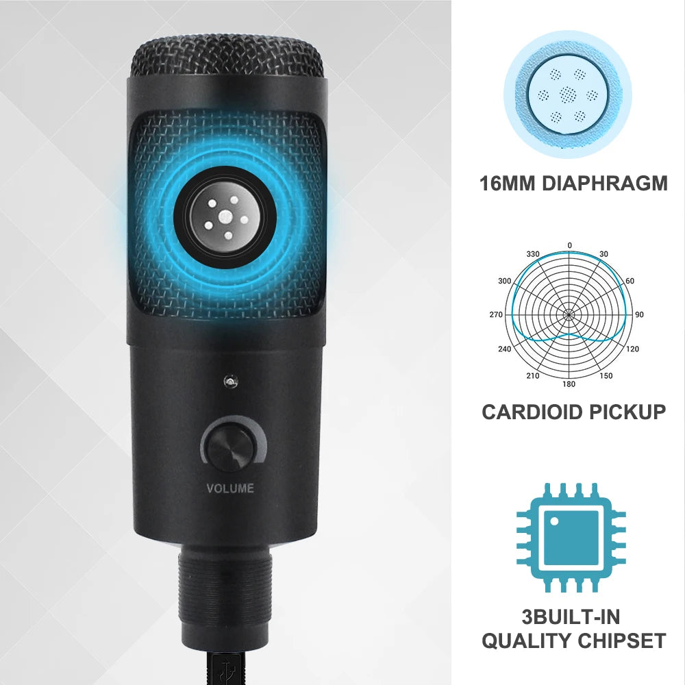 Micrófono USB metálico de condensador D80 con soporte, ideal para grabación, karaoke, estudio y uso en computadora, laptop o PC.