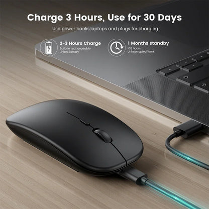 Mouse inalámbrico recargable compatible con Bluetooth y 2.4Ghz, con modo dual y receptor Nano para PC, laptop y MacBook.