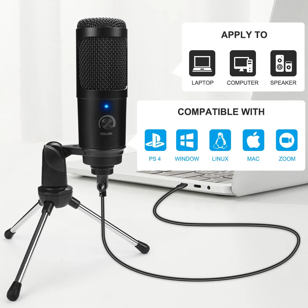 Micrófono USB metálico de condensador D80 con soporte, ideal para grabación, karaoke, estudio y uso en computadora, laptop o PC.